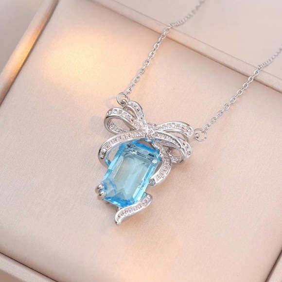 Jewelry - Light Blue Crystal Bow Pendant Necklace for Women